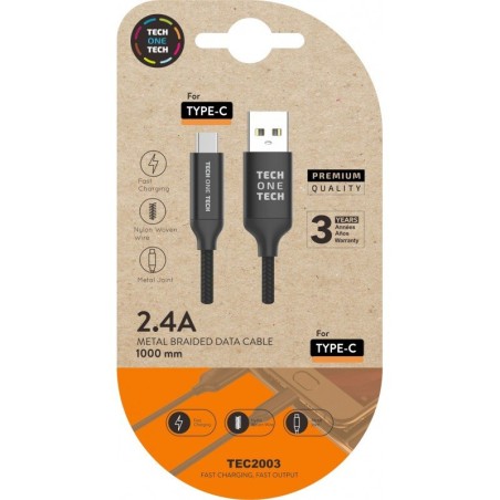Cable USB 2.0 Tipo-C Tech One Tech TEC2003/ USB Tipo-C Macho - USB Macho/ 480Mbps/ 1m/ Negro