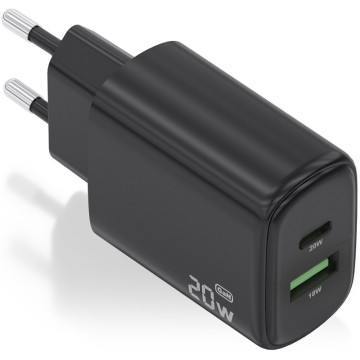 Cargador de Pared GaN Aisens A110-0910/ 1xUSB Tipo-C/ 1xUSB/ 20W/ Negro