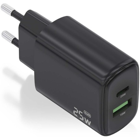 Cargador de Pared GaN Aisens A110-0912/ 1xUSB Tipo-C/ 1xUSB/ 25W/ Negro