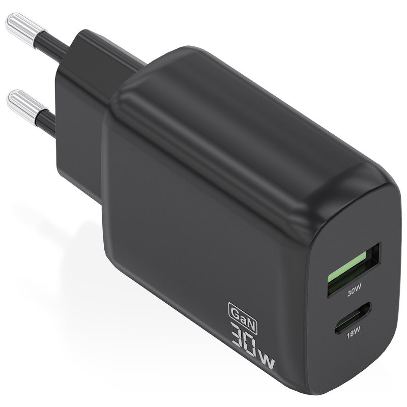 Cargador de Pared GaN Aisens A110-0924/ 1xUSB Tipo-C/ 1xUSB/ 30W/ Negro