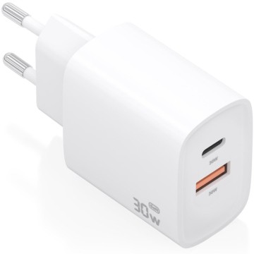 Cargador de Pared GaN Aisens A110-0952/ 1xUSB Tipo-C/ 1xUSB/ 30W/ Blanco
