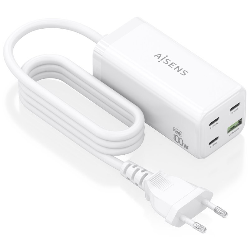 Cargador Sobremesa GaN Aisens ASCH-100W4P053-W/ 3xUSB Tipo-C/ 1xUSB/ 100W