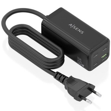 Cargador Sobremesa GaN Aisens ASCH-100W4P054-BK/ 3xUSB Tipo-C/ 1xUSB/ 100W