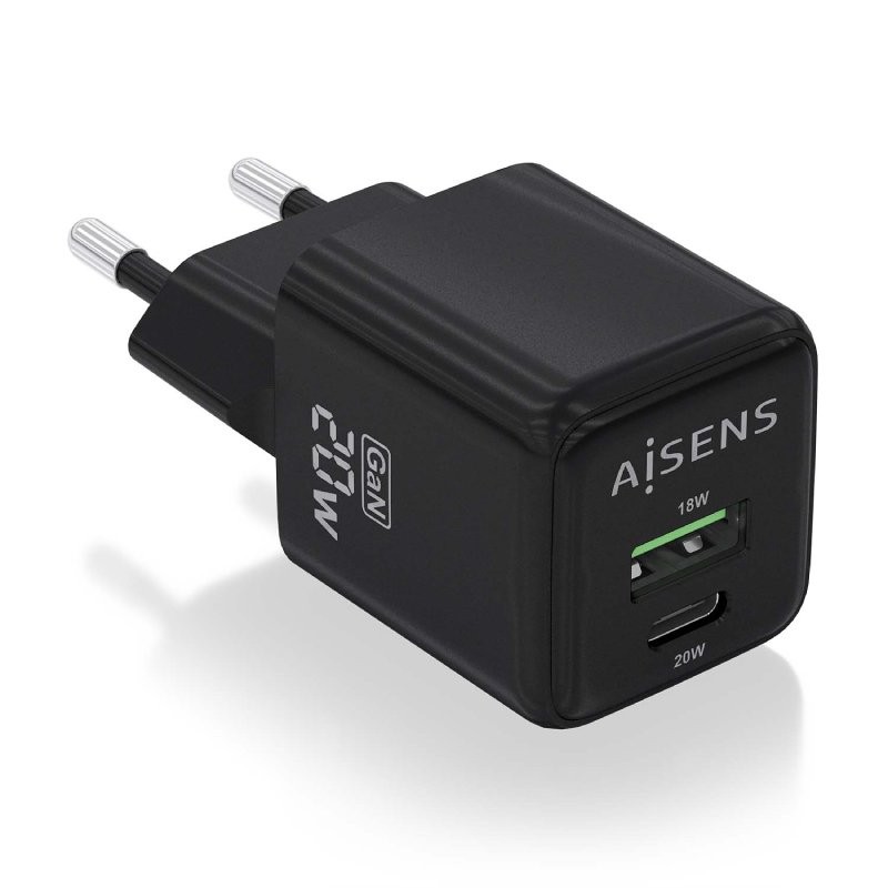 Cargador de Pared GaN Aisens ASCH-20W2P011-BK/ 1xUSB Tipo-C/ 1xUSB/ 20W