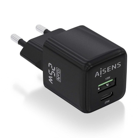 Cargador de Pared GaN Aisens ASCH-25W2P015-BK/ 1xUSB Tipo-C/ 1xUSB/ 25W