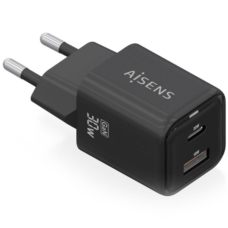 Cargador de Pared GaN Aisens ASCH-30W2P021-BK/ 1xUSB Tipo-C/ 1xUSB/ 30W