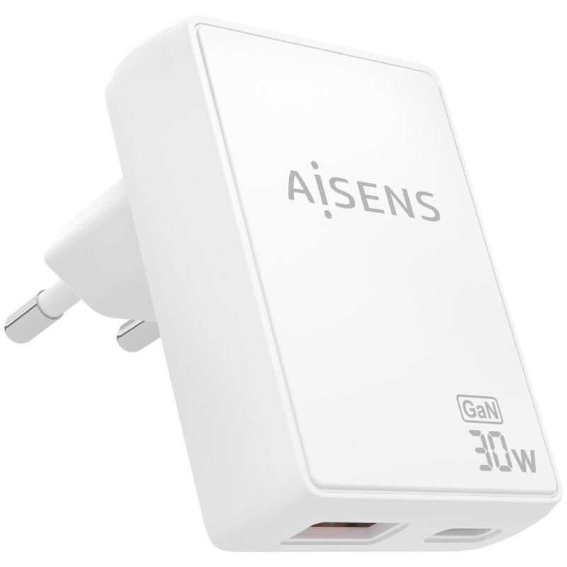 Cargador de Pared GaN Aisens ASCH-30W2P074-W/ 1xUSB Tipo-C/ 1xUSB/ 30W/ Blanco