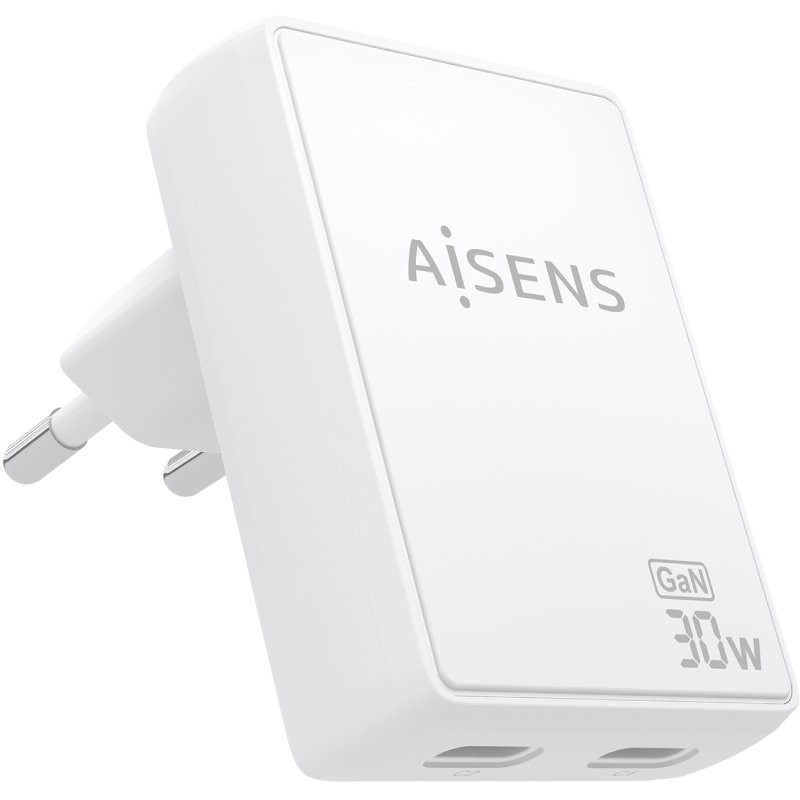 Cargador de Pared GaN Aisens ASCH-30W2P075-W/ 2xUSB Tipo-C/ 30W/ Blanco