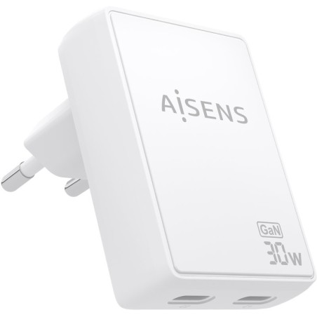 Cargador de Pared GaN Aisens ASCH-30W2P075-W/ 2xUSB Tipo-C/ 30W/ Blanco