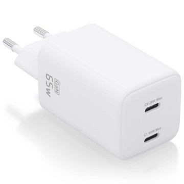 Cargador de Pared GaN Aisens ASCH-65W2P039-W/ 2xUSB Tipo-C/ 65W