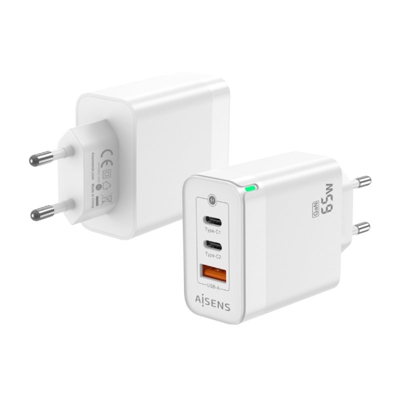 Cargador de Pared GaN Aisens ASCH-65W3P007-W/ 2xUSB Tipo-C/ 1x USB/ 65W
