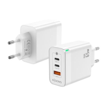 Cargador de Pared GaN Aisens ASCH-65W3P007-W/ 2xUSB Tipo-C/ 1x USB/ 65W