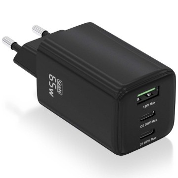 Cargador de Pared GaN Aisens ASCH-65W3P042-BK/ 2xUSB Tipo-C/ 1xUSB/ 65W