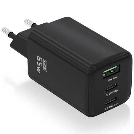 Cargador de Pared GaN Aisens ASCH-65W3P042-BK/ 2xUSB Tipo-C/ 1xUSB/ 65W