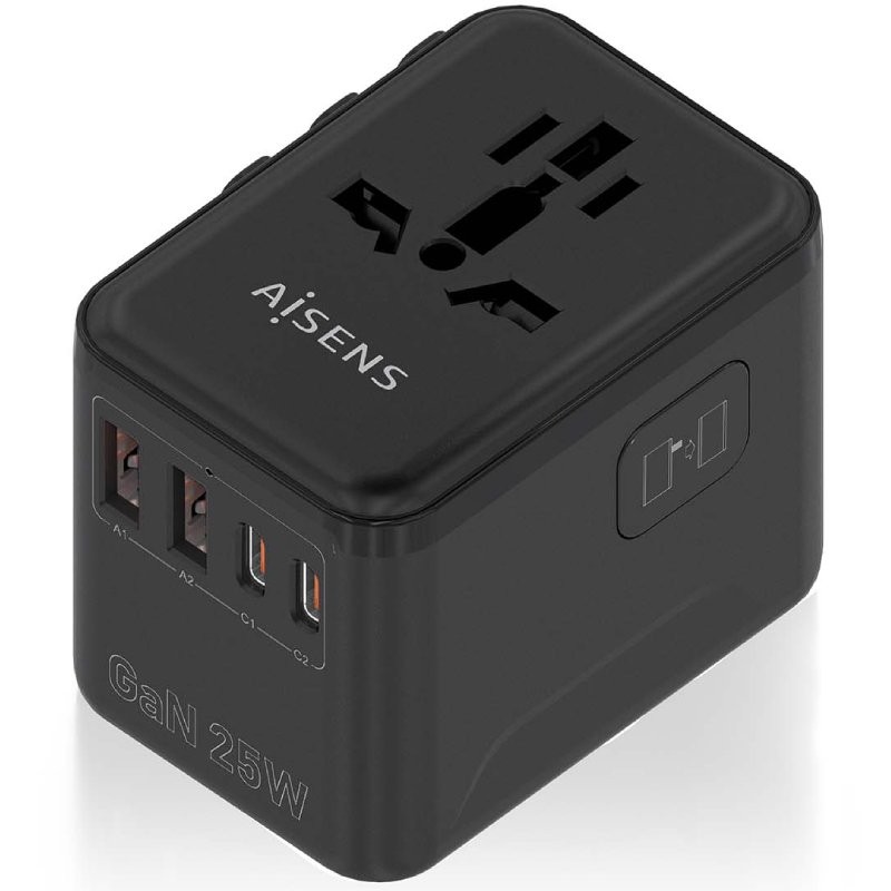 Cargador de Pared Universal GaN para Viaje Aisens ASPS-2A2C08-BK/ Toma de Corriente Universal/ 2xUSB Tipo-C/ 2xUSB/ 25W