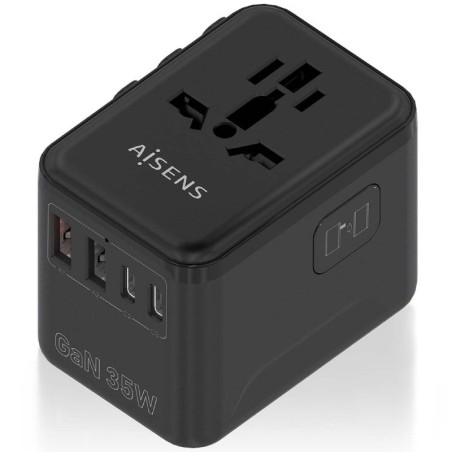 Cargador de Pared Universal GaN para Viaje Aisens ASPS-2A3C09-BK/ Toma de Corriente Universal/ 3xUSB Tipo-C/ 2xUSB/ 35W