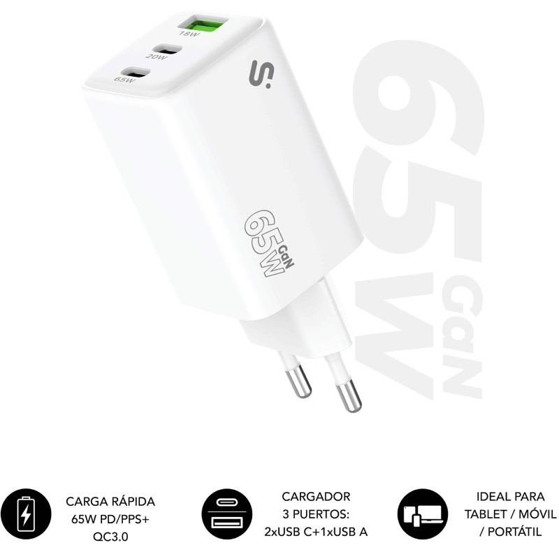 Cargador de Pared GaN Subblim 65W Charger USB C+C+A/ 2xUSB Tipo-C/ 1xUSB/ 65W