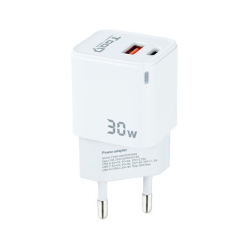 Cargador de Pared GaN TooQ TQWC-GANQCPD30WT/ 1xUSB Tipo-C/ 1xUSB/ 30W
