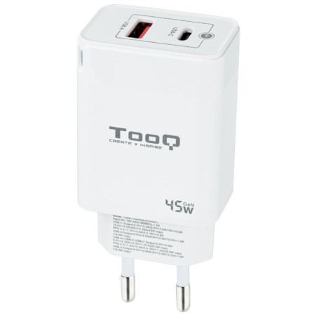 Cargador de Pared GaN TooQ TQWC-GANQCPD45WT/ 1xUSB Tipo-C/ 1xUSB/ 45W