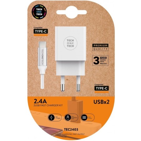 Cargador de Pared Tech One Tech TEC2403/ 2xUSB + Cable USB Tipo-C/ 12W/ Blanco