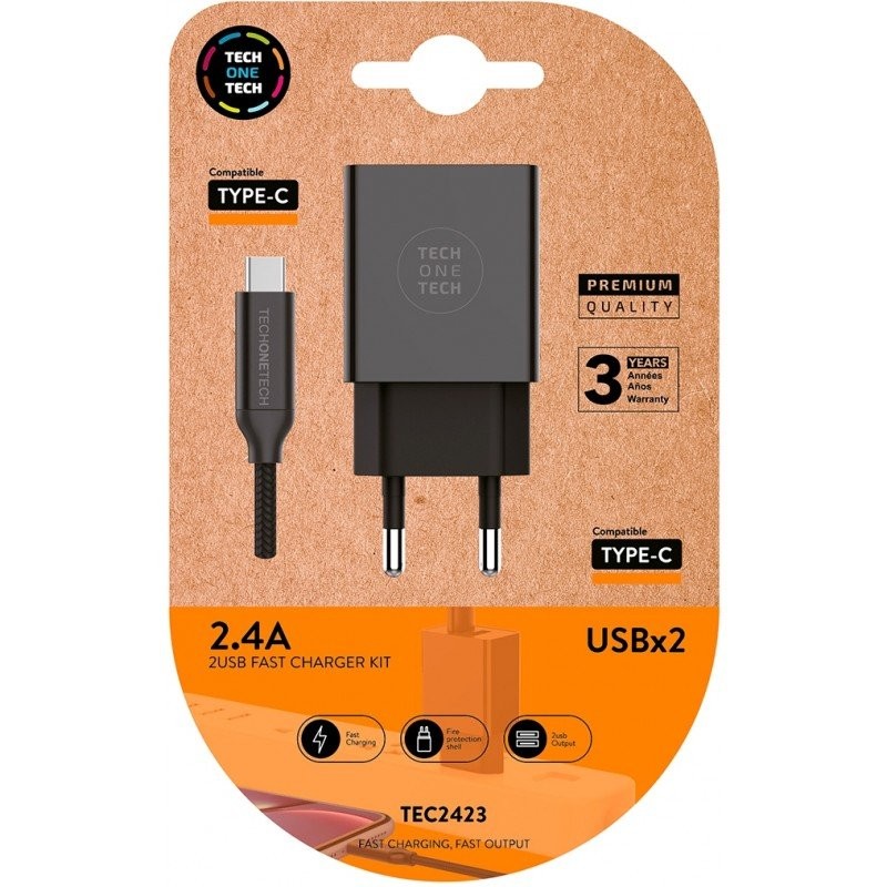 Cargador de Pared Tech One Tech TEC2423/ 2xUSB + Cable USB Tipo-C/ 12W/ Negro