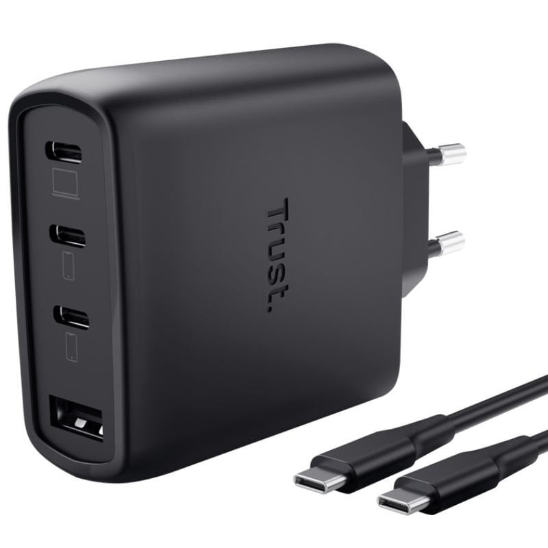 Cargador de Pared GaN Trust Maxo 65W 26067/ 3xUSB Tipo-C/ 1xUSB/ Incluye Cable USB Tipo-C/ 65W