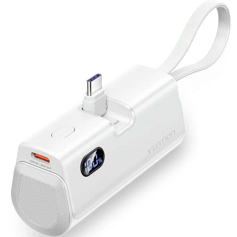 Powerbank 4800mAh Vention FHQW0/ 22.5W/ Blanca/ Incluye Cable USB Tipo-C y Lightning