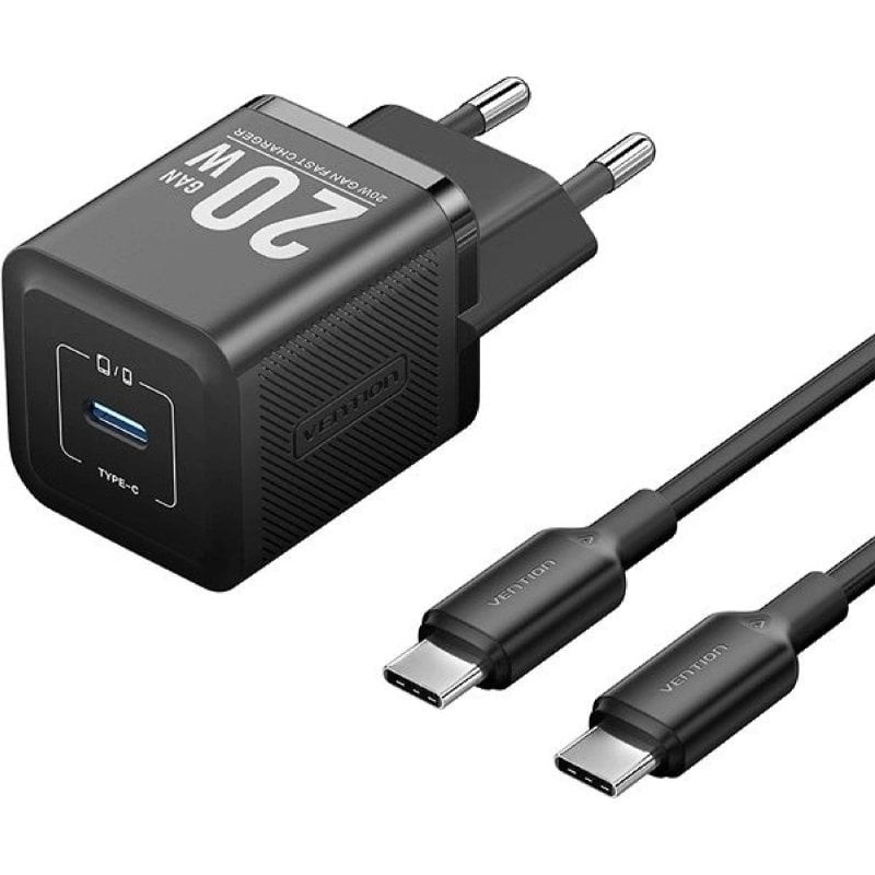 Cargador de Pared GaN Vention TZ-FEPB0-EU-01/ 1xUSB Tipo-C + Cable USB Tipo-C/ 20W