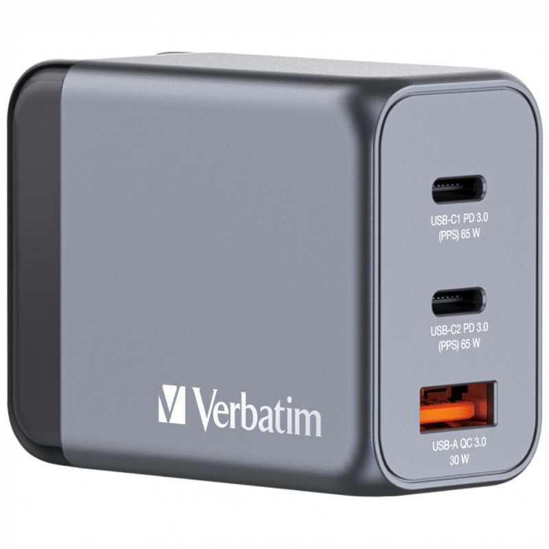 Cargador de Pared Universal GaN para Viaje Verbatim GNC-65/ 2xUSB Tipo-C/ 1xUSB/ 65W