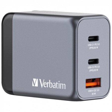 Cargador de Pared Universal GaN para Viaje Verbatim GNC-65/ 2xUSB Tipo-C/ 1xUSB/ 65W