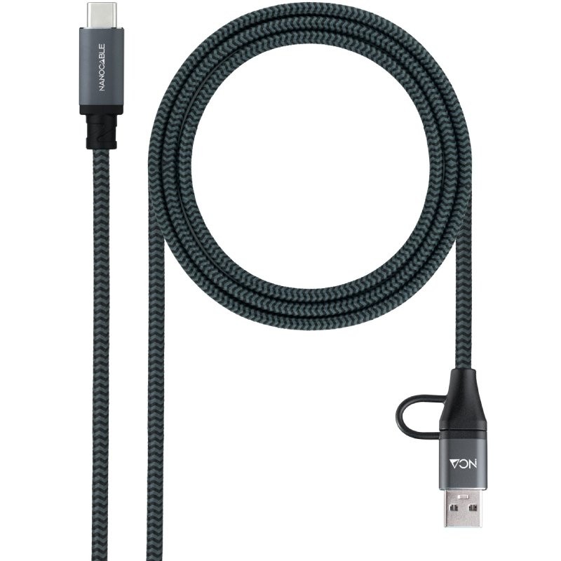 Cable USB 3.2 Tipo-C Nanocable 10.01.4112-COMB/ USB Tipo-C Macho + USB Macho - USB Tipo-C Macho/ Hasta 100W/ 20Gbps/ 2m/ Gris y